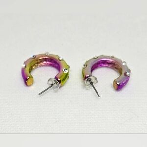 Iridescent Small Hoop Earrings Color Shift Crystal Accent